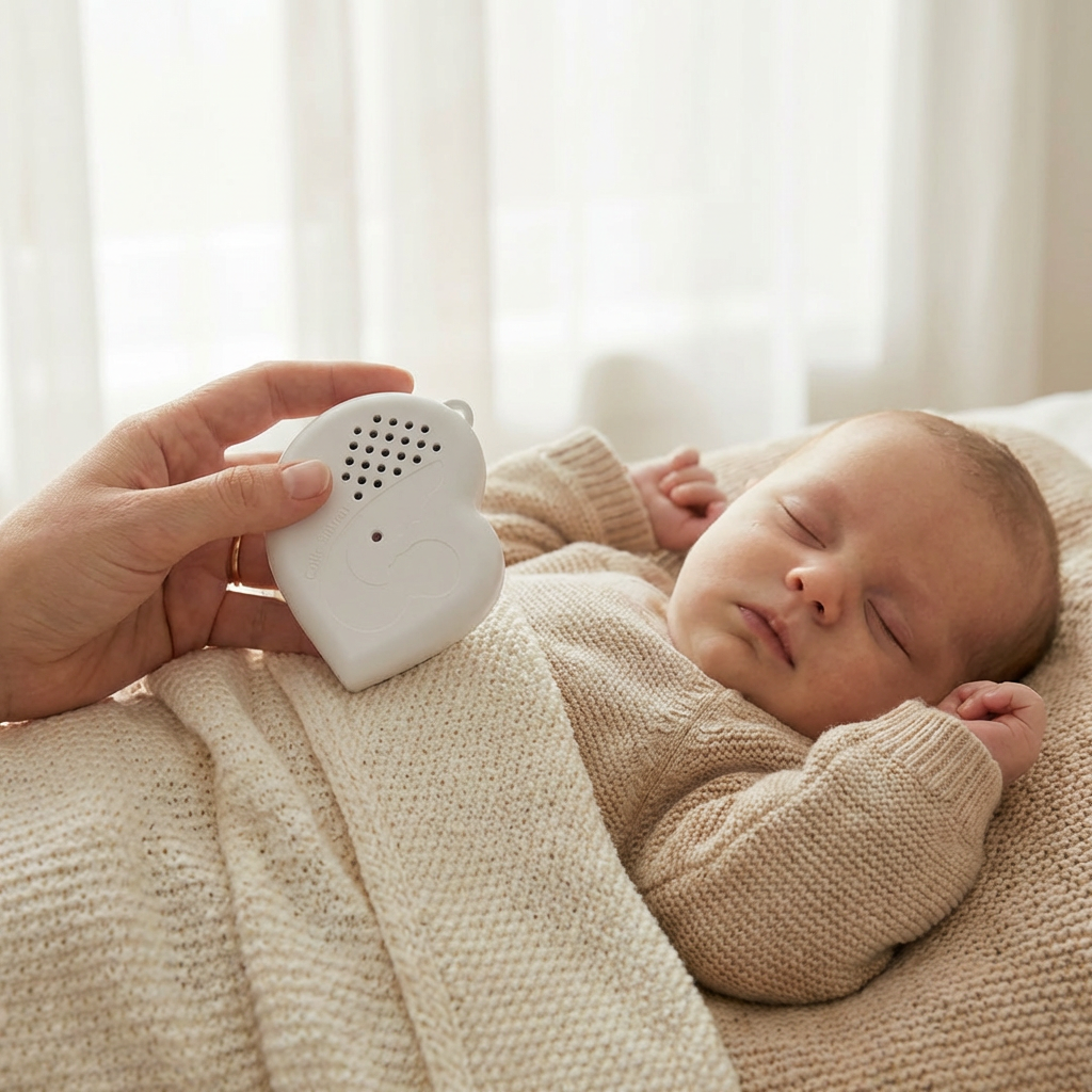 Baby som sover rolig mens Colic Button holdes nært for trygg bruk hjemme